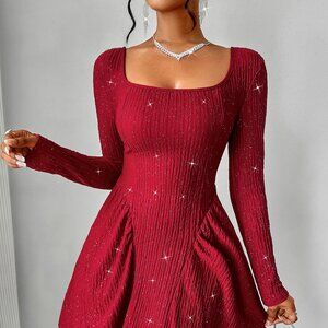 Backless Glitter Square Neck Long Sleeve Mini Dress